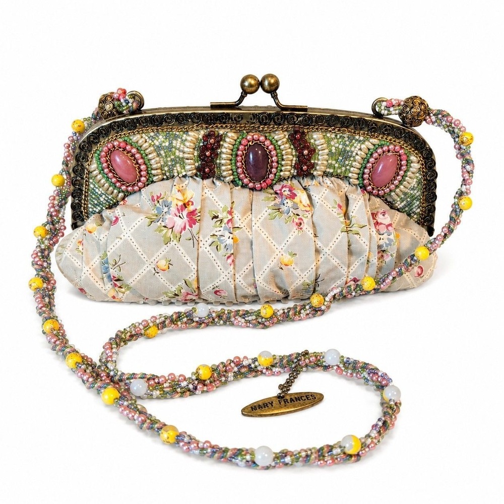 Mary Frances Beaded Floral Fabric Handbag Vintage Kiss Lock Shoulder Bag Multi